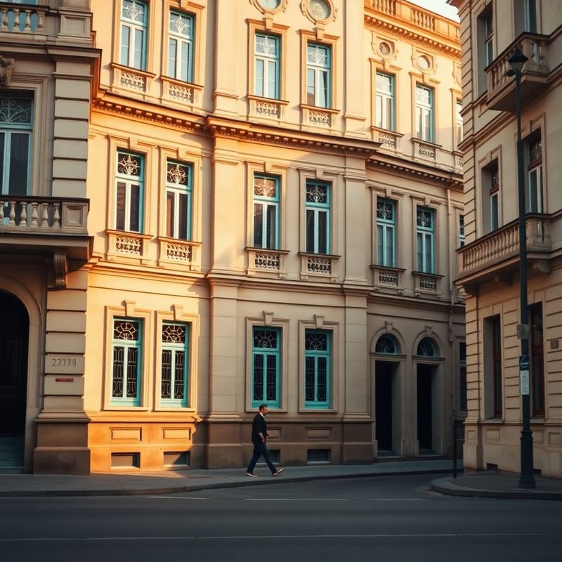 Fațadă neoclasică de clădire bucureșteană în tonuri de piatră cu accente mint